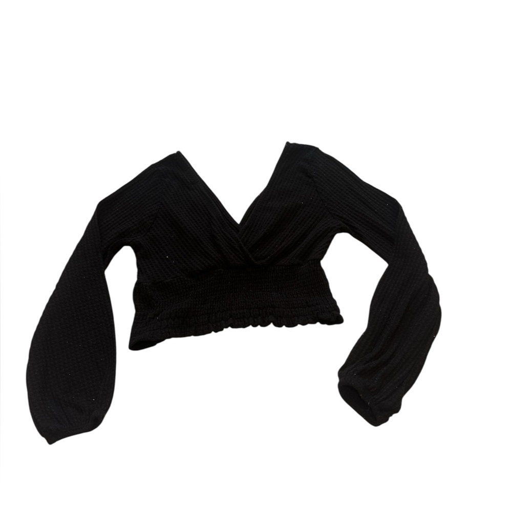 Altered State Black Smocked V-Neck Waffle Knit Blouse Cropped